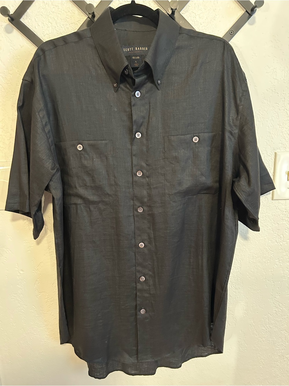 100% Linen Scott Barber Men’s Short Sleeve Button Down Shirt Workwear Office| L
